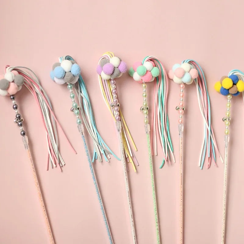 Beaded Cat Teaser Wand with Tassel, Pom-Pom & Bell