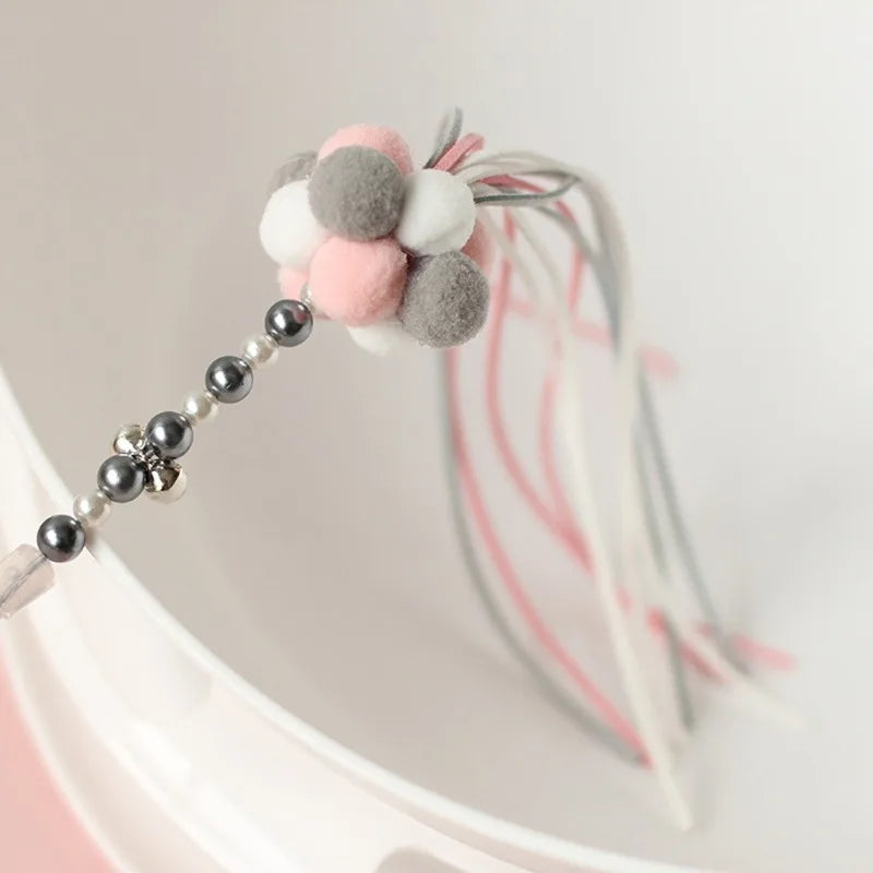 Beaded Cat Teaser Wand with Tassel, Pom-Pom & Bell
