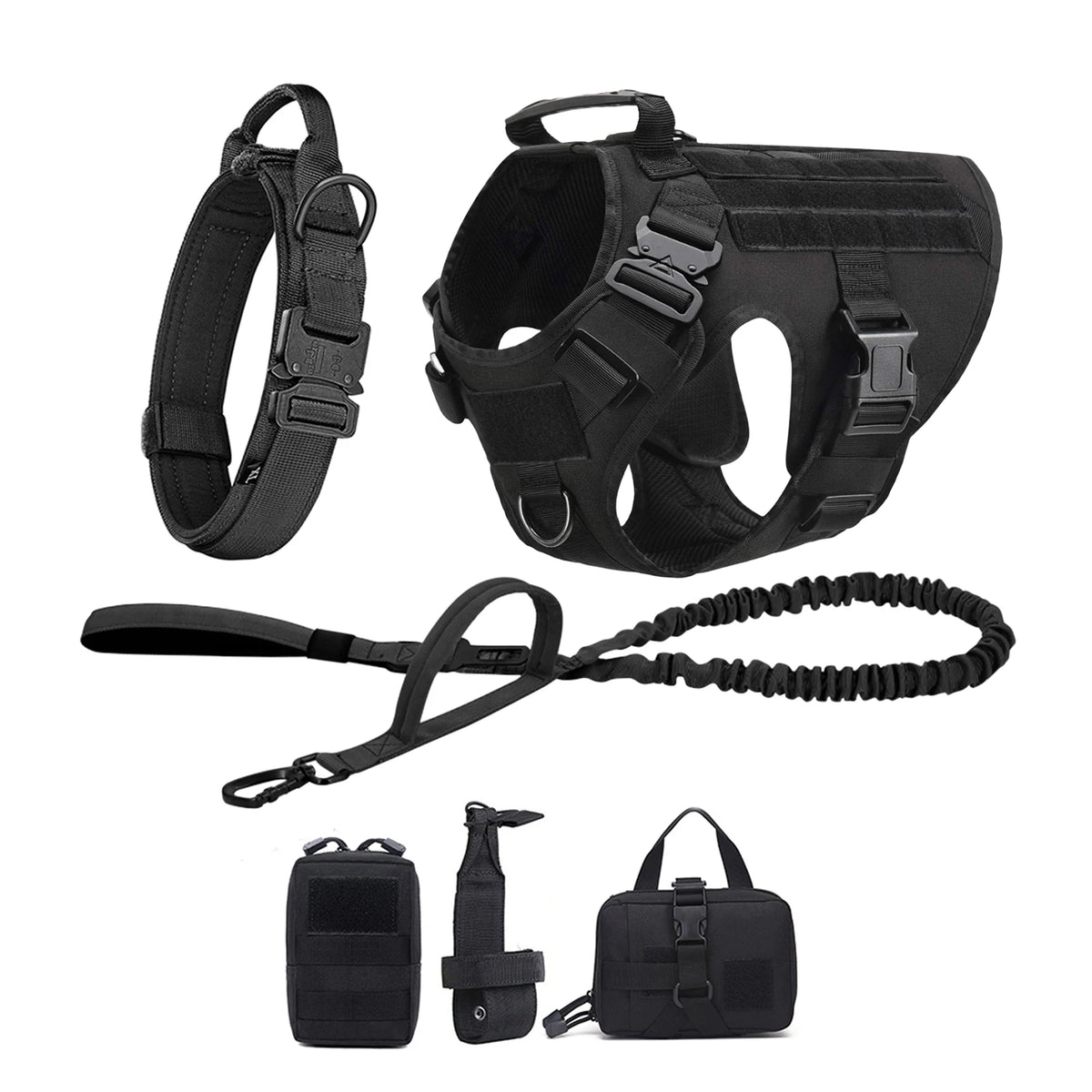 Tactical Dog Harness Set with Collar, Leash & MOLLE Pouches