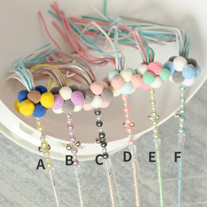 Beaded Cat Teaser Wand with Tassel, Pom-Pom & Bell