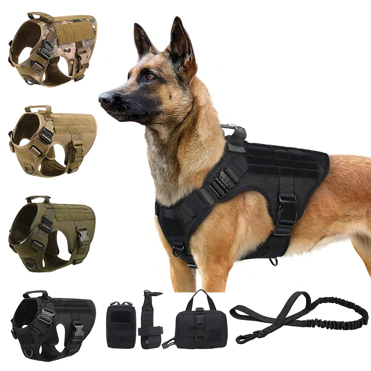 Tactical Dog Harness Set with Collar, Leash & MOLLE Pouches