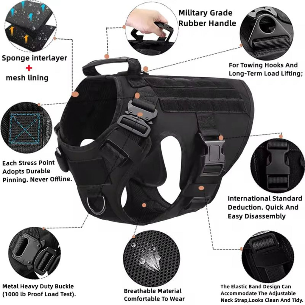 Tactical Dog Harness Set with Collar, Leash & MOLLE Pouches