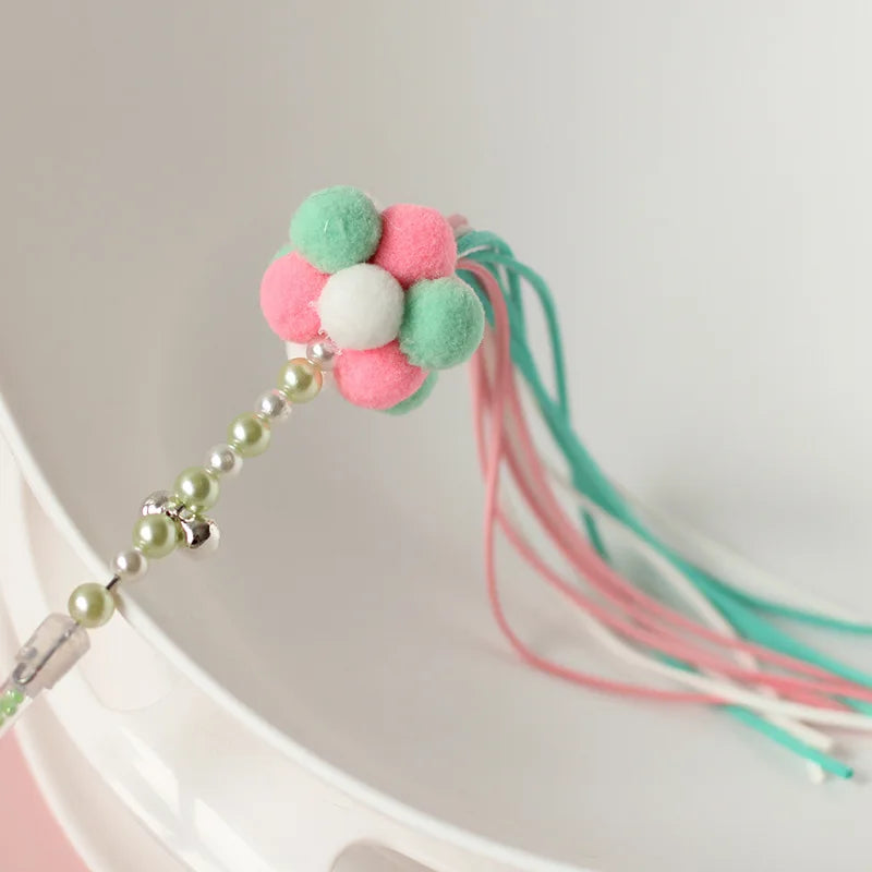 Beaded Cat Teaser Wand with Tassel, Pom-Pom & Bell