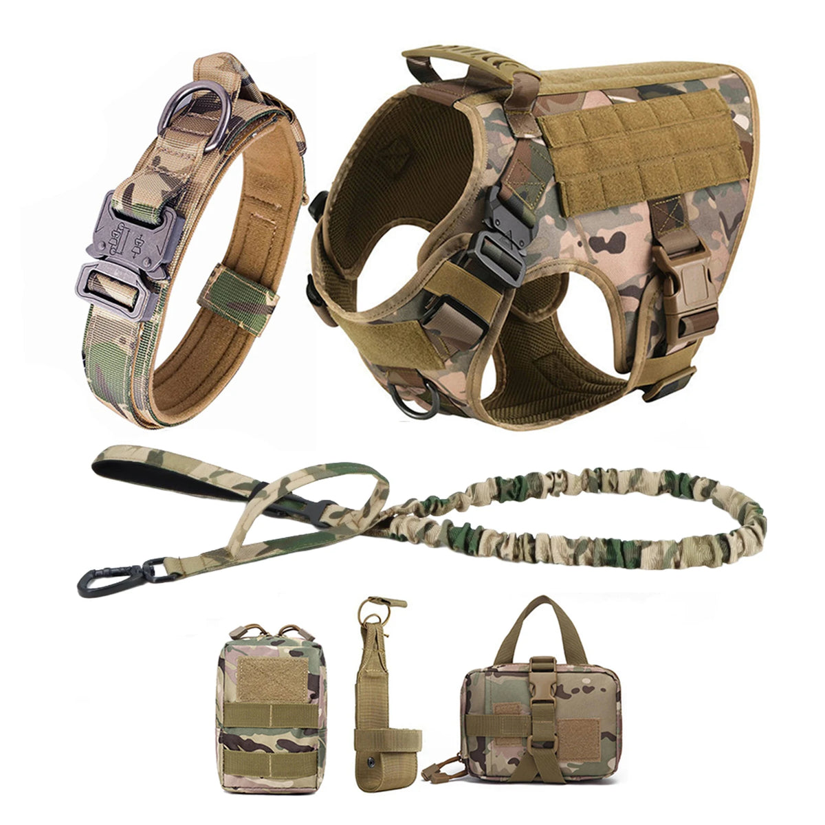 Tactical Dog Harness Set with Collar, Leash & MOLLE Pouches