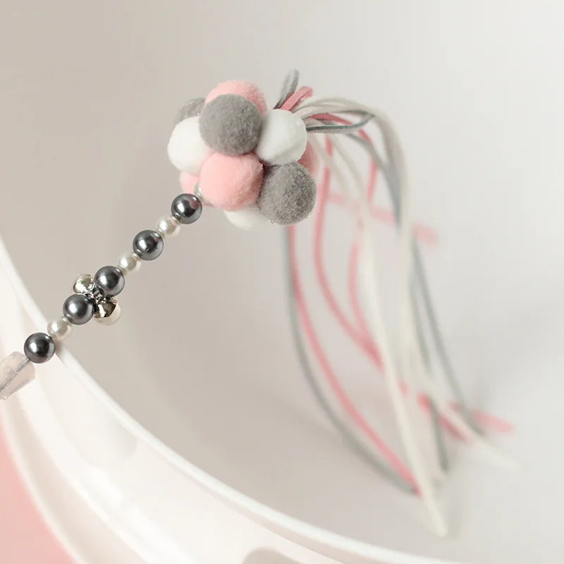 Beaded Cat Teaser Wand with Tassel, Pom-Pom & Bell