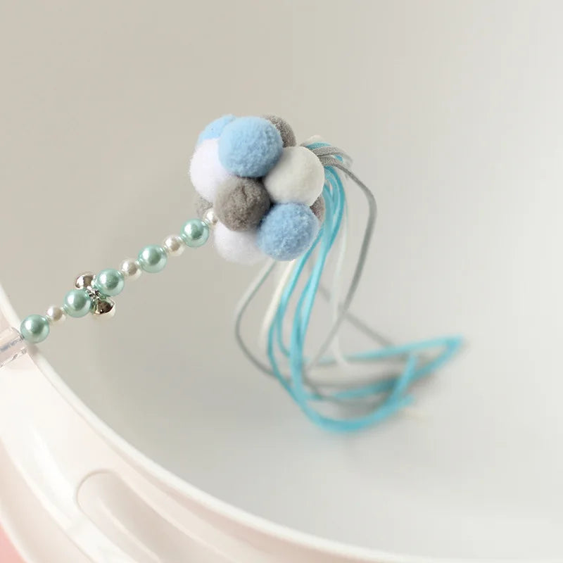 Beaded Cat Teaser Wand with Tassel, Pom-Pom & Bell