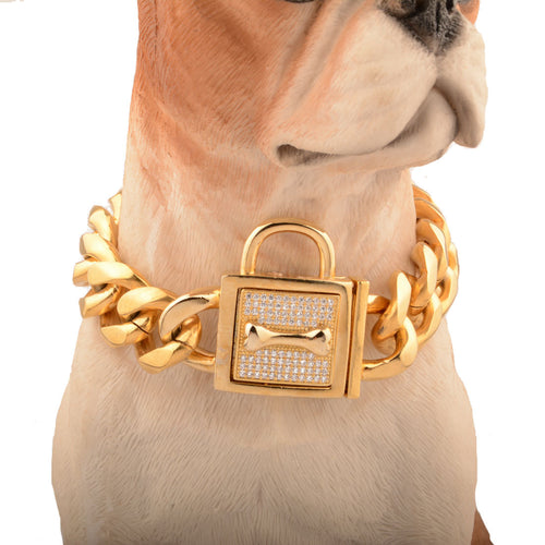 19mm Titanium Steel Dog Chain with Diamond Insets