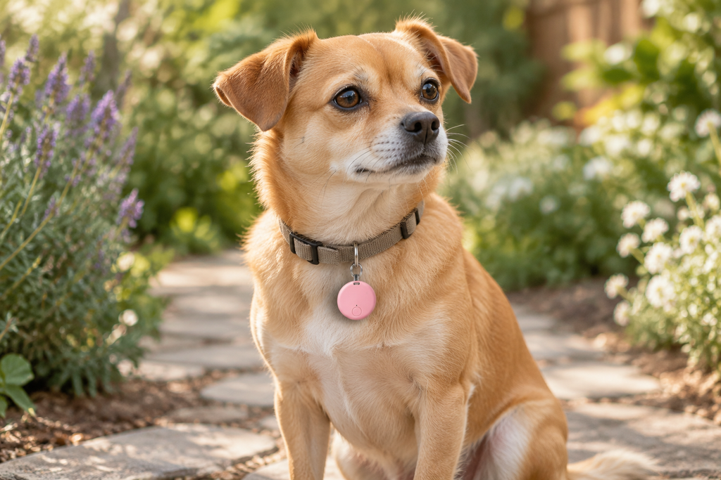 Dog wearing a pink circular tracker