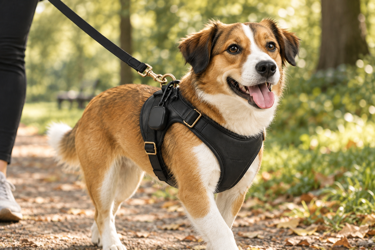 Dog wearing harness on a park walk concept