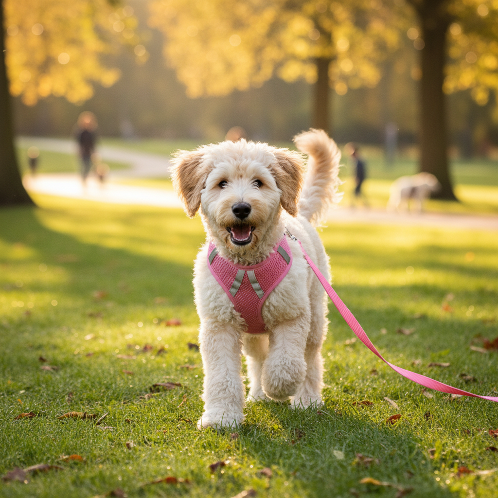 Dog wearing pink reflective breathable mesh vest harness outdoors